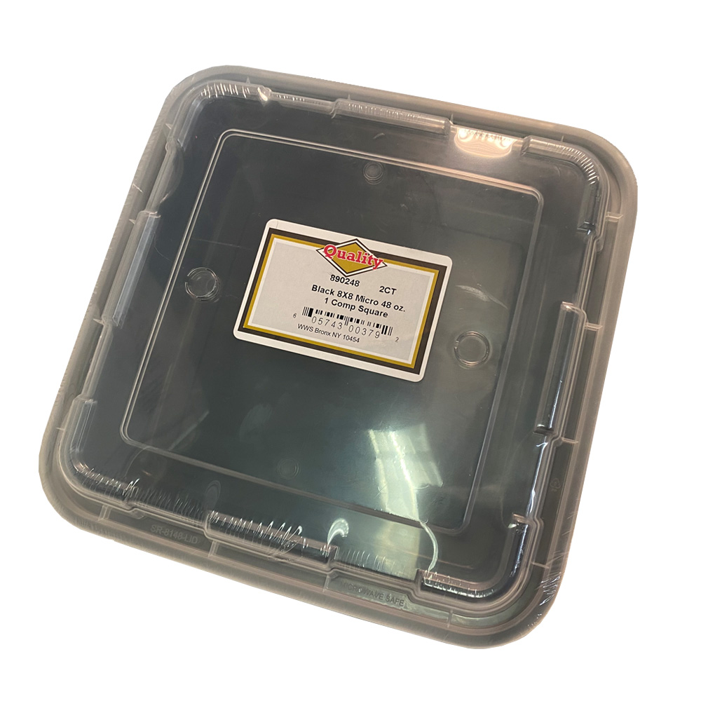 36/2 Black 8"x8"  Square 48 oz. 1 Compartment Microwavable Container & Lid 36/2 cs - MICRO BK 48z SQ 8X8 1 CMP 2PC