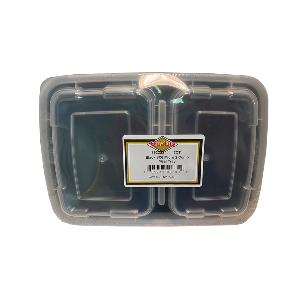 36/3 Black 8"x6" Rectangular 2 Compartment Meal Tray & Lid 36/3 cs - MICRO BK 8X6 REC2CP MEALTRAY 3