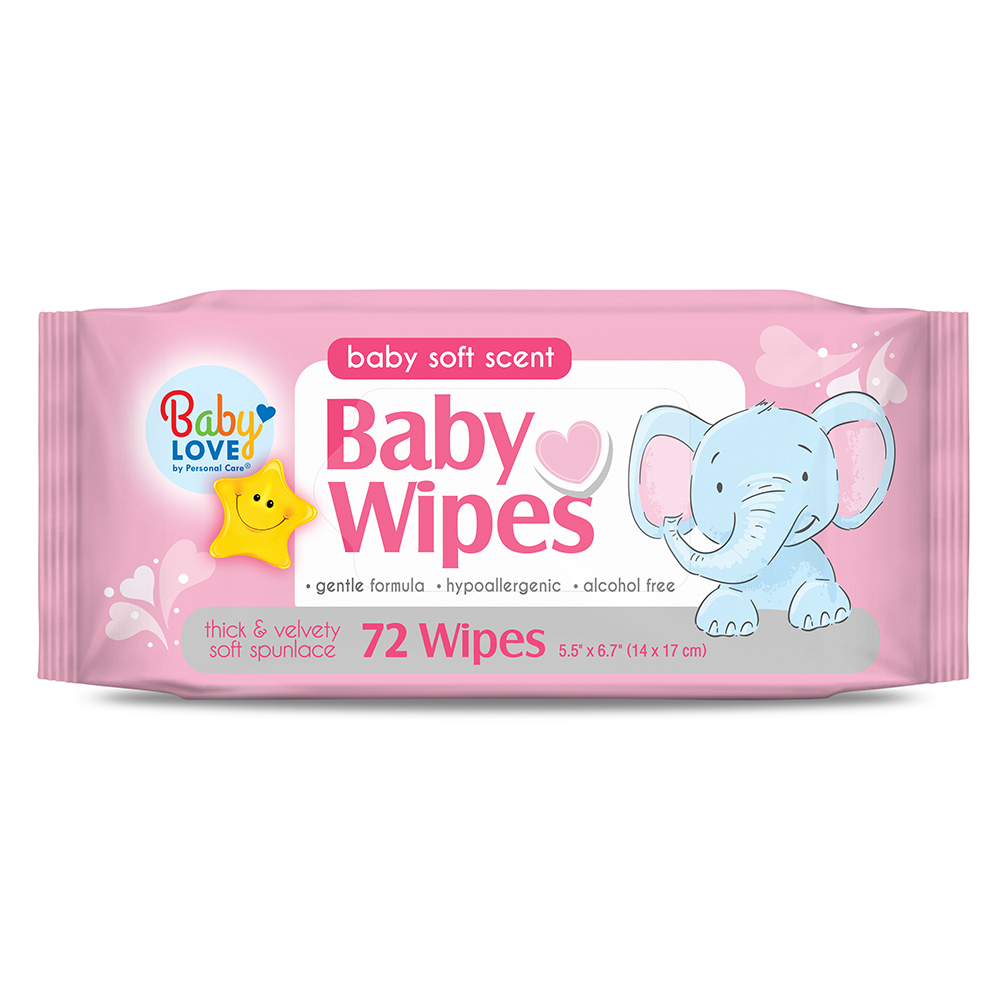10486-12 Baby Love 6.3"x6.7" Gentle Formula Alcohol Free Baby Wipes  12/72 cs - 10486-12 BABY WIPES PINK 72 ct