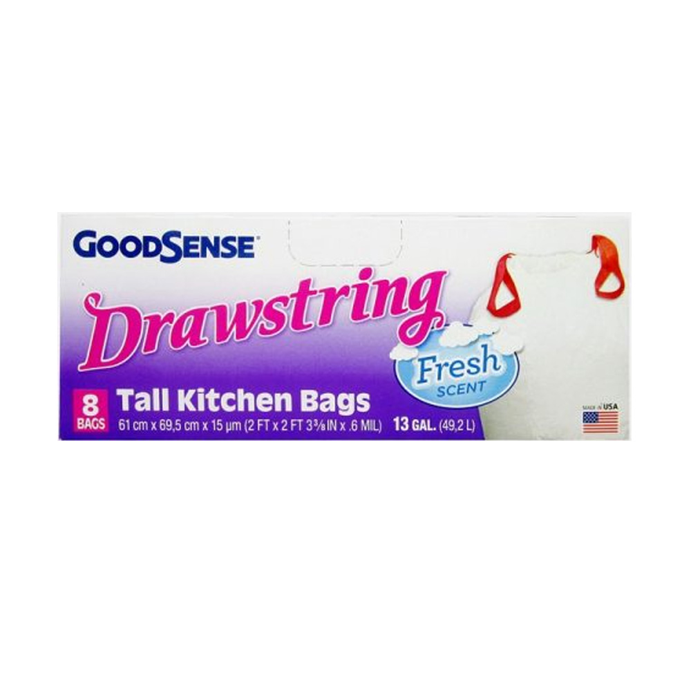 GDS24FRDK8 GoodSense 2'x2 ' 3 3/8" Tall White Kitchen Bag 13 Gal. Plastic Drawstring 24/8 cs - GDS24FRDK8 13 GL WHT DRAWSTRNG