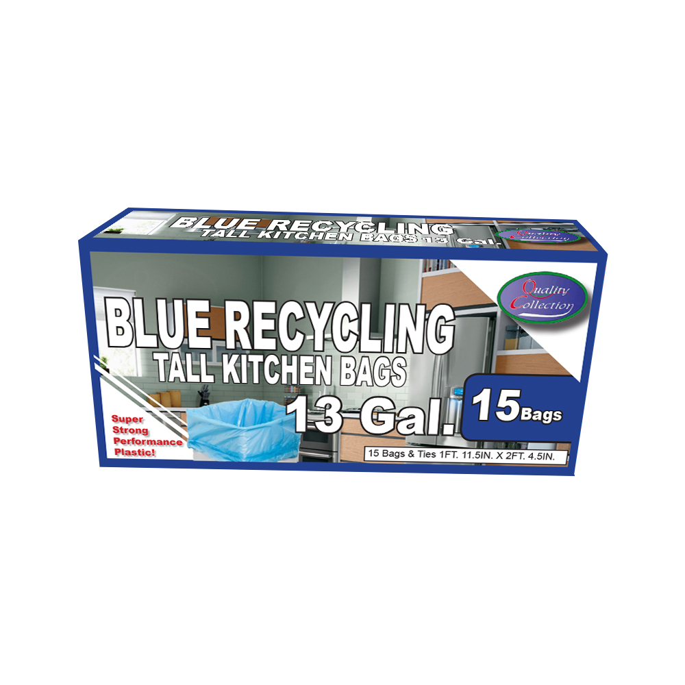 B36/15B Quality Collection Tall Recycling Kitchen Bag 13 Gl. Blue Plastic Bags & Ties 36/15 cs - B36/15B 13 GL BLU RECYCLE BAGS