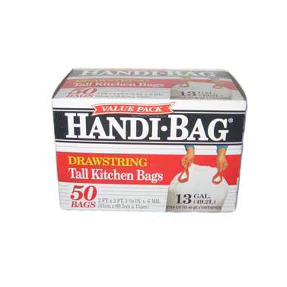 HAB 6DK50 Handi Bag  2'x2 ' 3 3/8" Tall White Kitchen Bag 13 Gal. Plastic Drawstring 6/50 cs - HAB 6DK50 13GL WHT DRWSTNG BAG