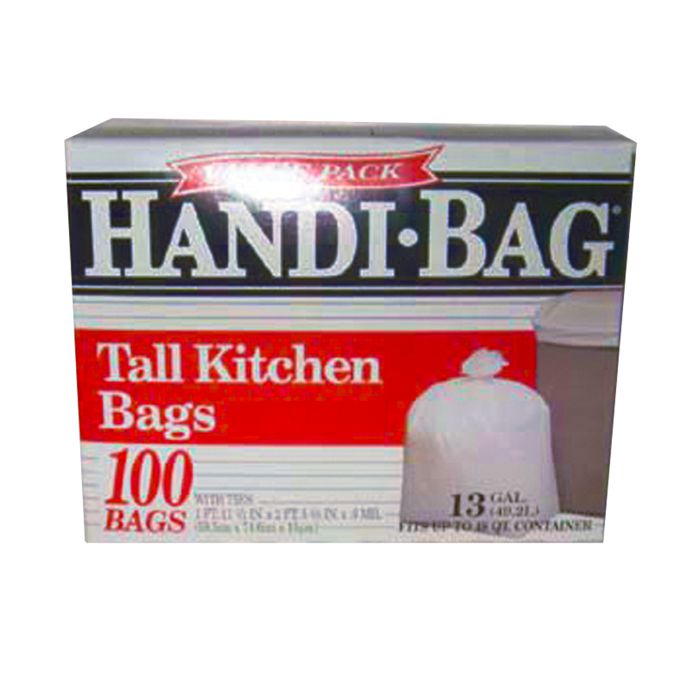 HAB 6FK100 Handi Bag 2'x2 ' 3 3/8" Tall White Kitchen Bag 13 Gal. Plastic Flap Tie 6/100 cs