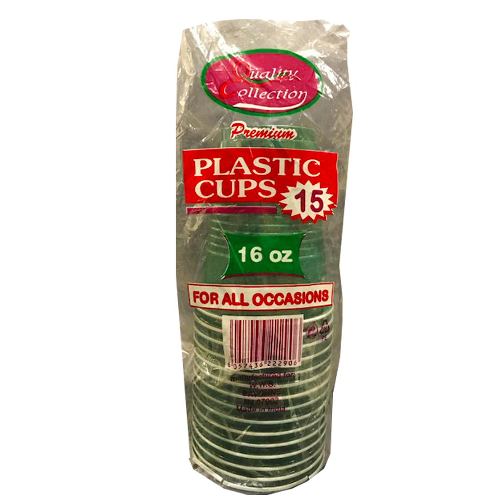 C108G Green 16 oz. Retail Plastic Cold Cup 36/15 cs - C108G  16z GREEN PLASTIC CUPS