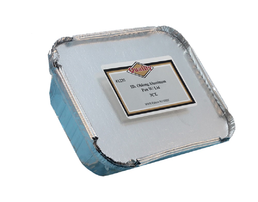 1235CB Quality Aluminum 1 lb. Oblong Pan w/Board Lid Combo 48/3 cs - ALUM 1 LB OBLONG BRD LID  48/3