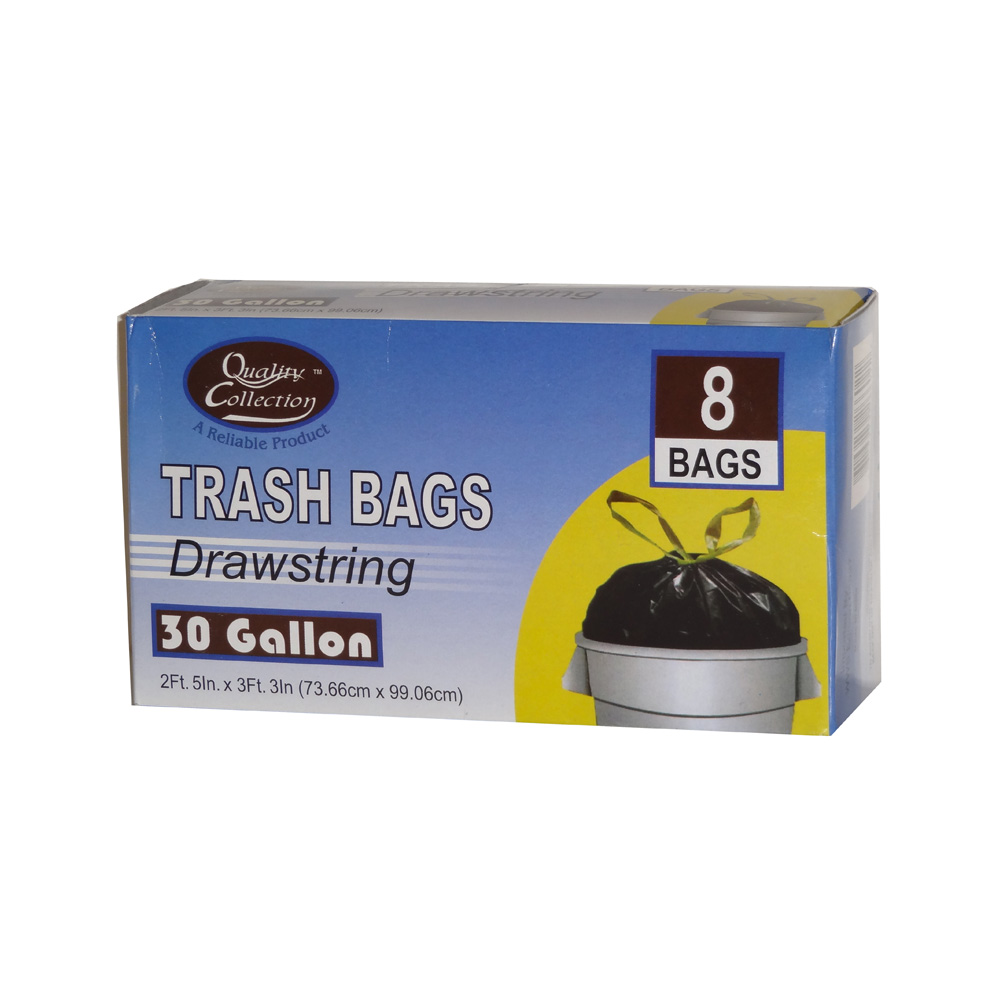 B51B Quality Collection Trash Bag 30 Gal. Black Plastic Drawstring  36/8 cs