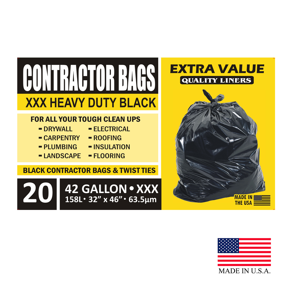 CONT20EV Black 32"x46" Contractor Bag 42 Gal. Plastic Extra Heavy Duty 6/20 cs
