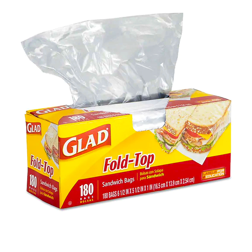 60771 Glad Sandwich Bag 6.5"x5.5"x1" Clear Plastic w/Fold Top 12/180 cs - 60771 GLAD FOLD-TOP SANDW BAGS