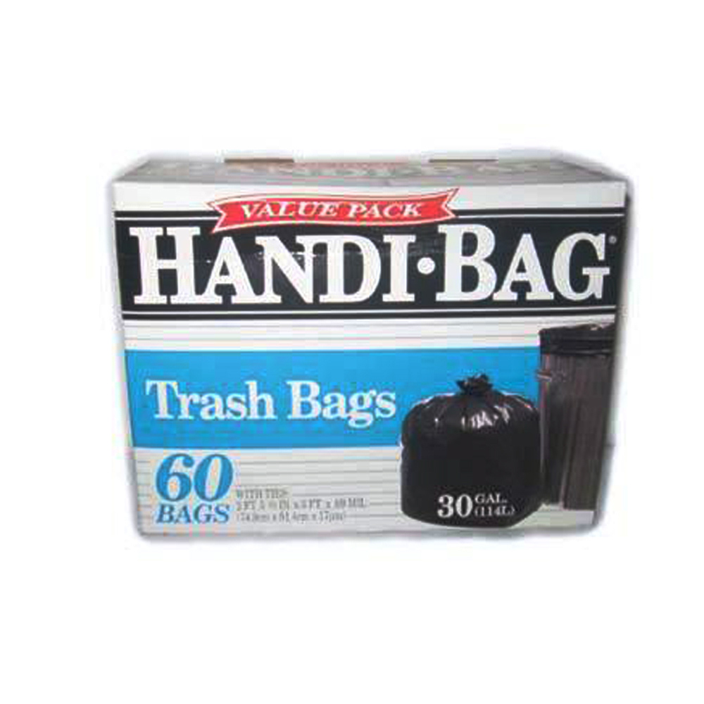 HAB6FT60 Handi Bag 30"x33" Trash Bag 30 Gal. Low Density Black Plastic Flap Tie 6/60 cs