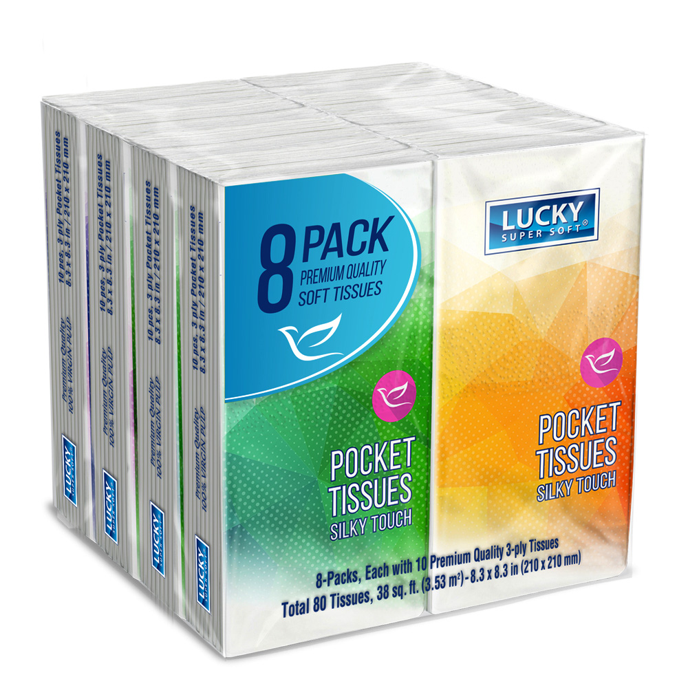 4021-24 Lucky Super Soft Pocket Tissue White 2 ply Silk Touch 8 pk 24/8 cs