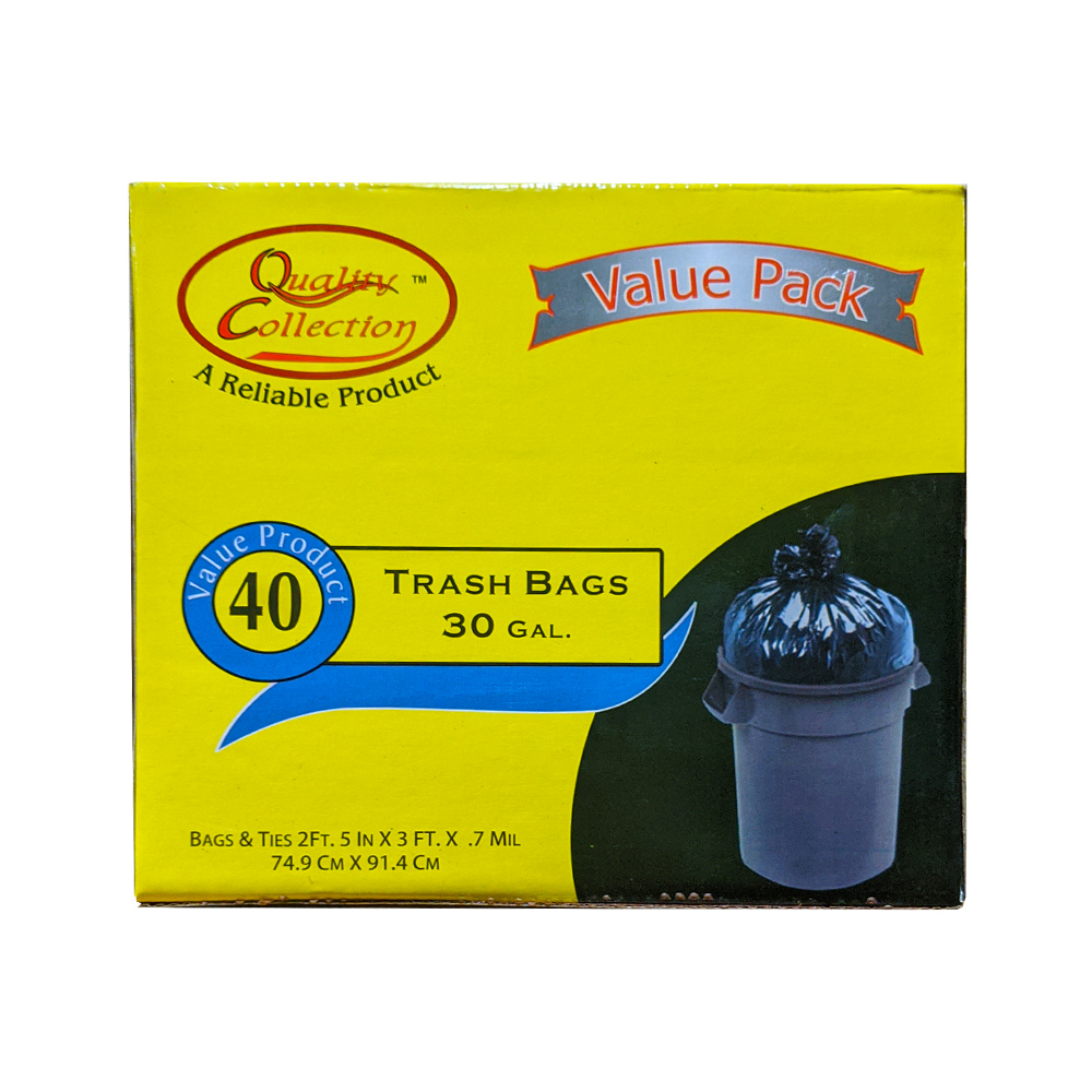 B61 Quality Collection Trash Bag 30 Gal. Black Plastic Bags & Ties  6/40 cs - B61 30 GL BLACK TRASH BAGS