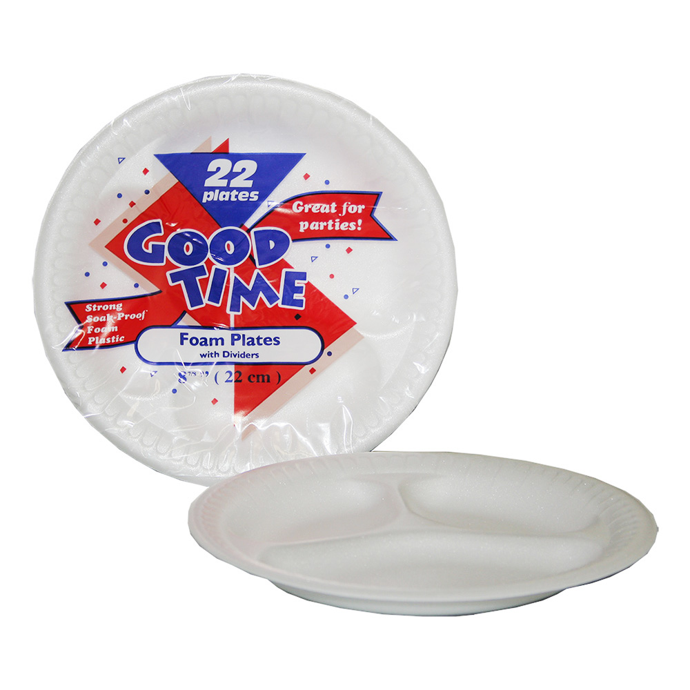 42832 Good Time White 8 7/8" 3 Compartment Foam Plate 24/22 cs - 42832 8 7/8" 3COMP WHT FOAM PL