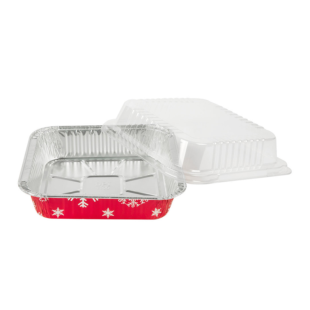 9101X Aluminum Red 8" Square Holiday Pan w/Plastic Dome Lid 100/cs - 9101X 8"SQR HOLIDAY PAN W/DOME