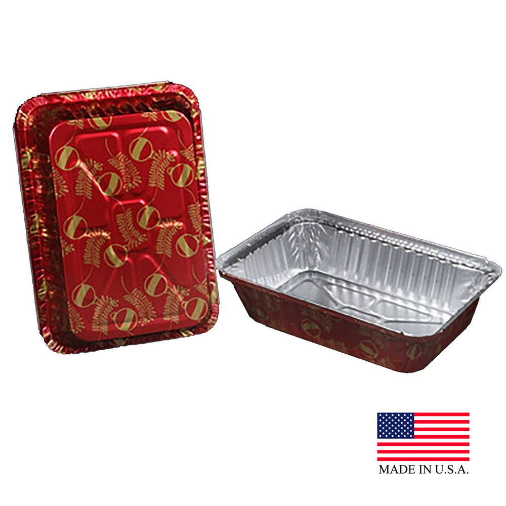 9201X Aluminum Red 2.25 lb. Oblong Holiday Pan w/Plastic Dome Lid 100/cs - 9201X 2.25 OBLONG HOL.PAN/DOME