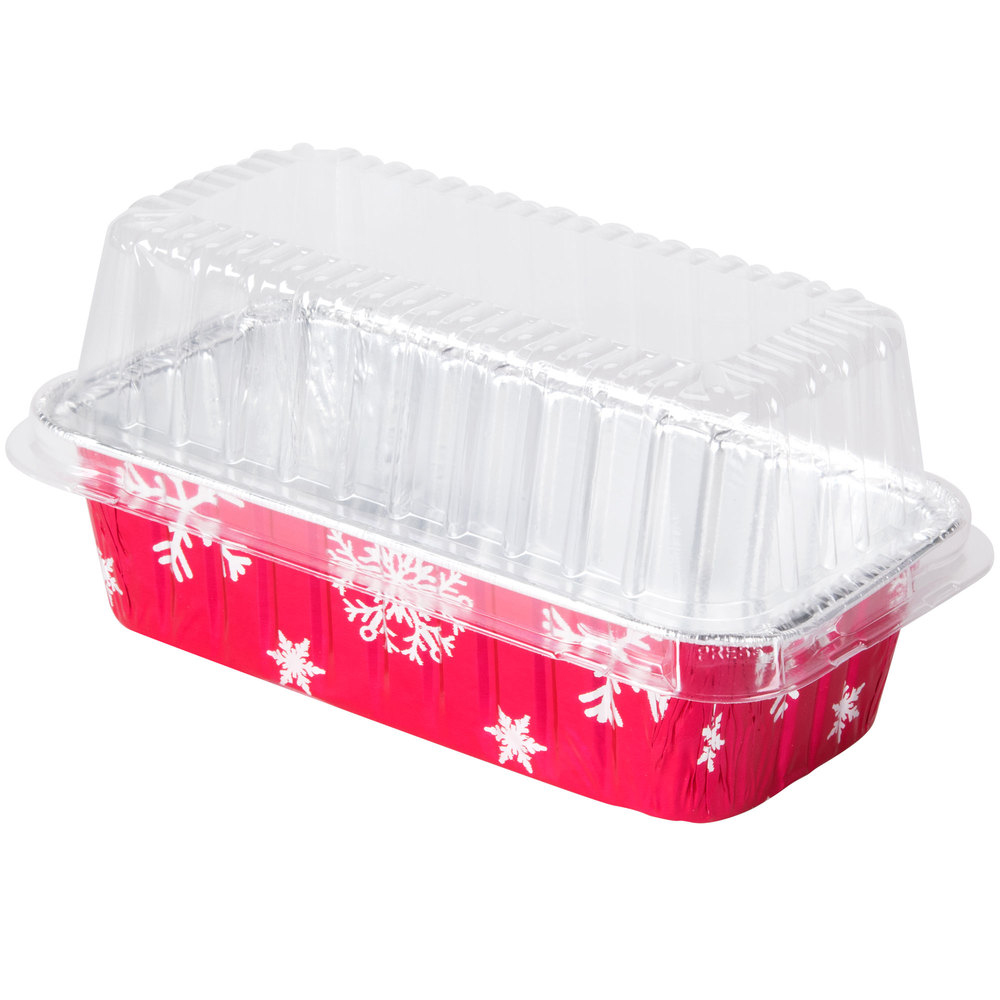 9401P Aluminum Red 2 lb. Rectangular Holiday Loaf Pan w/Plastic Dome Lid 100/cs - 9401P 2LB LOAF HOLIDY PAN/DOME