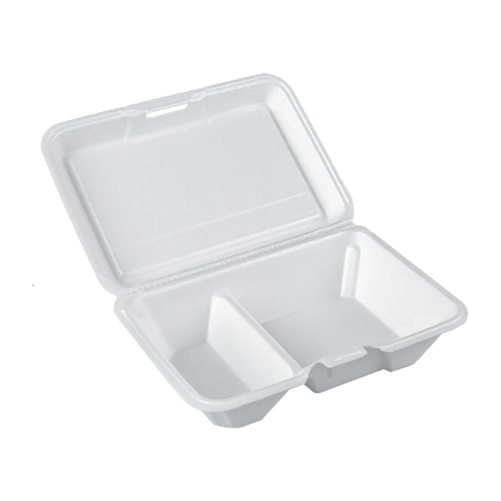 205HT2 White 9"x6"x3" 2 Compartment Foam Hinged Container 2/100 cs