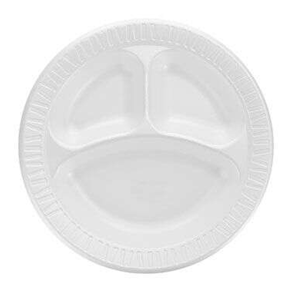 10CPWQR Quiet Classic White 10" Laminated 3 Compartment Foam Plate 4/125 cs - 10CPWQR WHT 10" 3CP LAM FM PLT