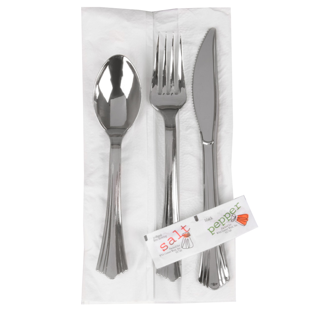 REFKIT3  Reflections Wrapped Fork, Knife, Spoon, Napkin, Salt & Pepper Packet Meal Kit Silver - REFKIT3 RFLCT FK,KF,SP,S,P,NAP
