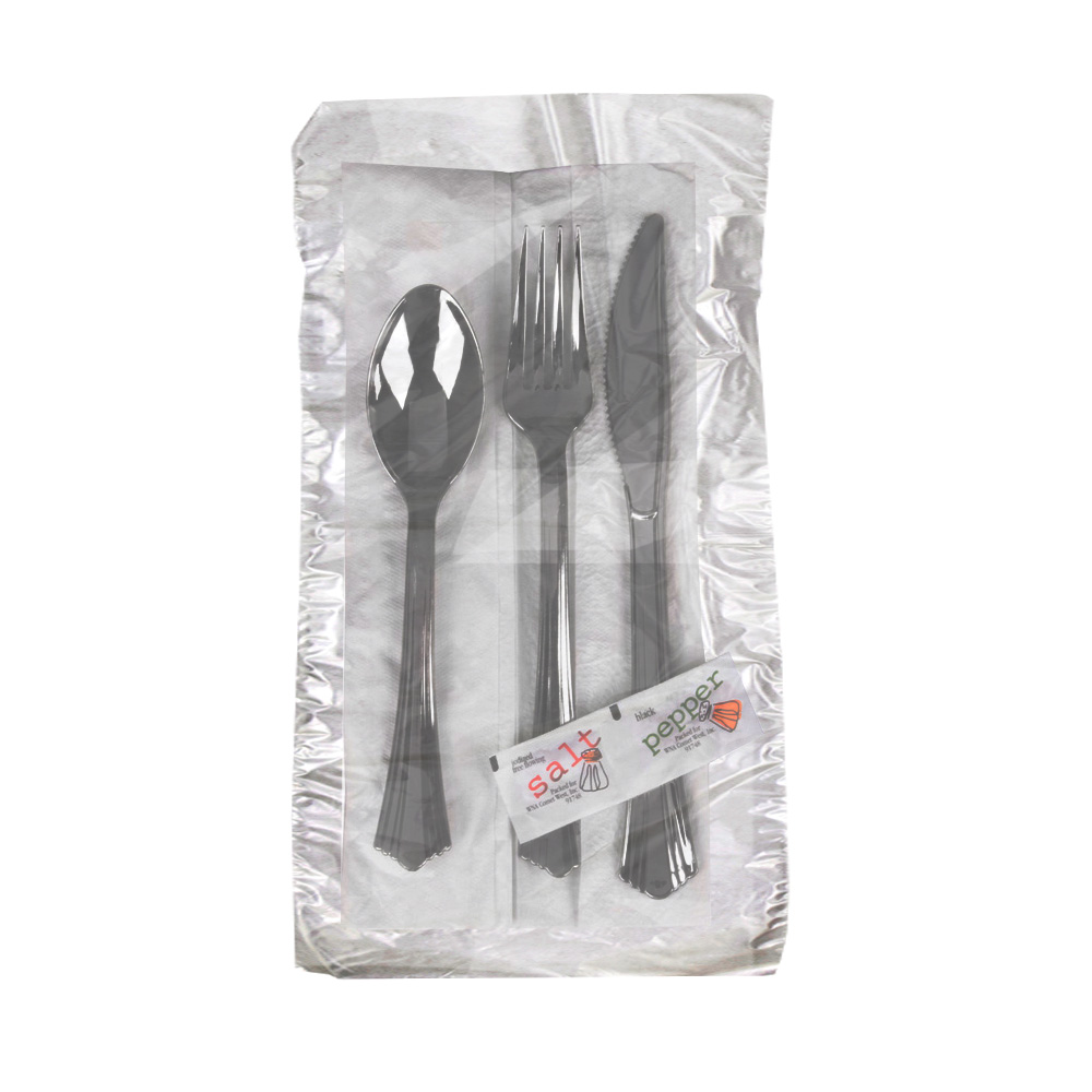 REFKIT3  Reflections Wrapped Fork, Knife, Spoon, Napkin, Salt & Pepper Packet Meal Kit Silver - REFKIT3 RFLCT FK,KF,SP,S,P,NAP