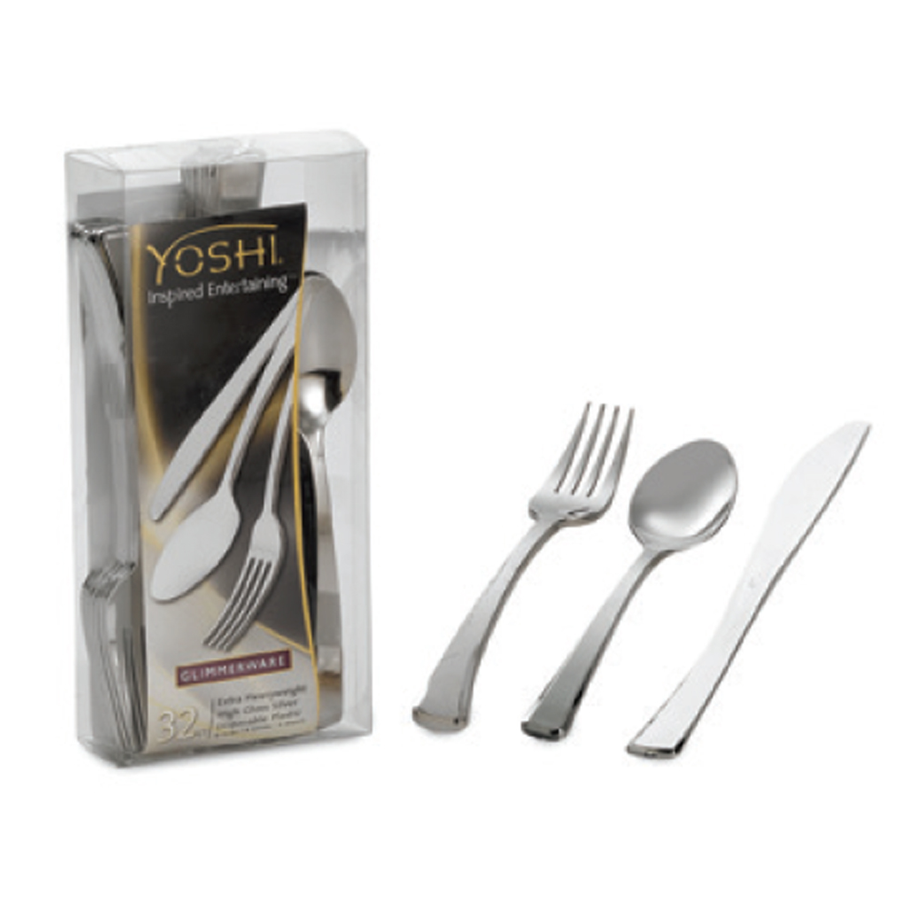 EMI-GWMIX32R Glimmerware Boxed Assorted Fork, Knife, Spoon Combo Silver Heavy Duty Plastic 12/ - EMI-GWMIX32R SILVER F,K,SP KIT