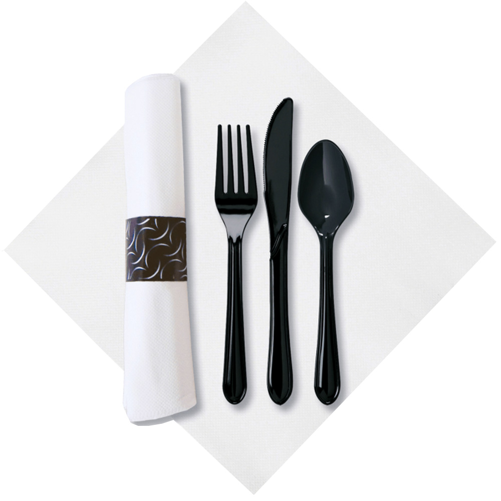 119984 FashnPoint Caterwrap Fork, Knife, Teaspoon, Napkin Meal Kit Black Compostable 2/50 cs