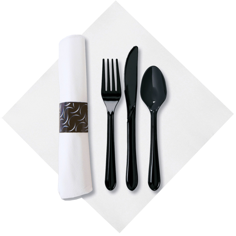 119984 FashnPoint Caterwrap Fork, Knife, Teaspoon, Napkin Meal Kit Black Compostable 2/50 cs - 119984 CATRWRP NP W/BLK CUTLRY