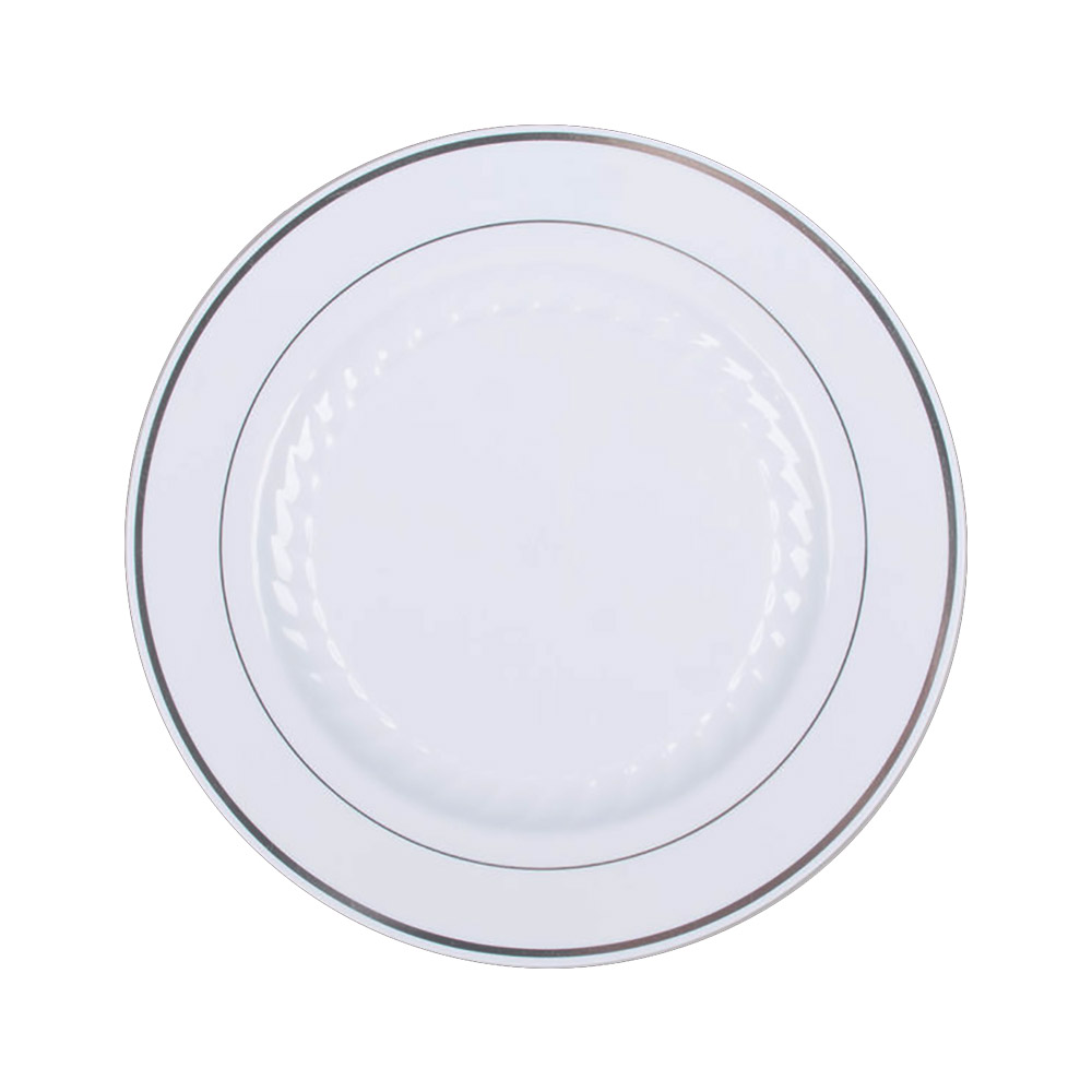 MP10WSLVR Masterpiece White 10.25" Plastic Plate w/Silver Trim 10/12 cs