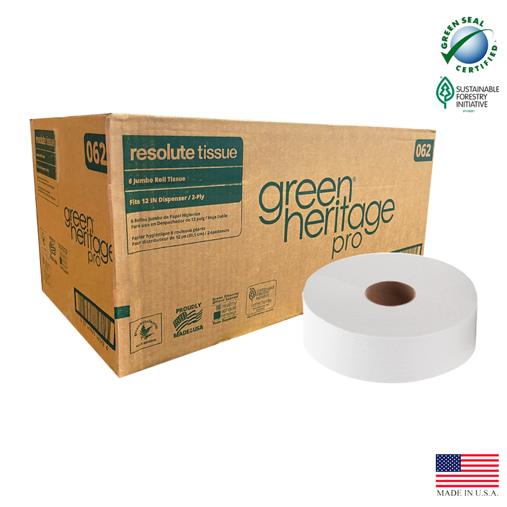 Resolute Tissue Green Heritage White 12" 2 ply Jumbo Roll Paper