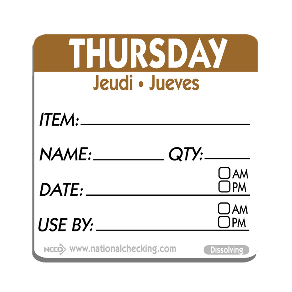 DIDU2204 Brown 2"x2" Label "Use By Thursday" 250/cs - DIDU2204 LABEL 2x2 USE BY THUR