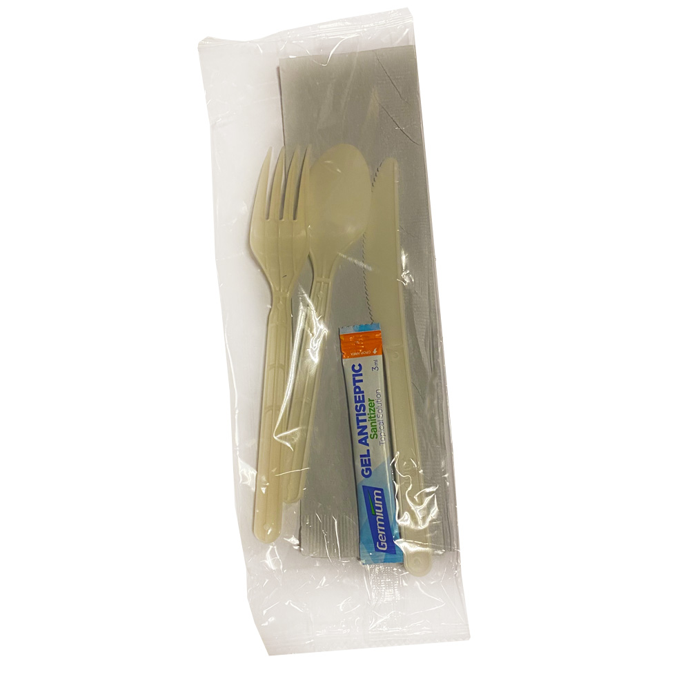 SANIBIO-CUTKIT Wrapped Fork, Knife, Teaspoon, Napkin & Sanitizer Meal Kit Beige Biodegradable 1