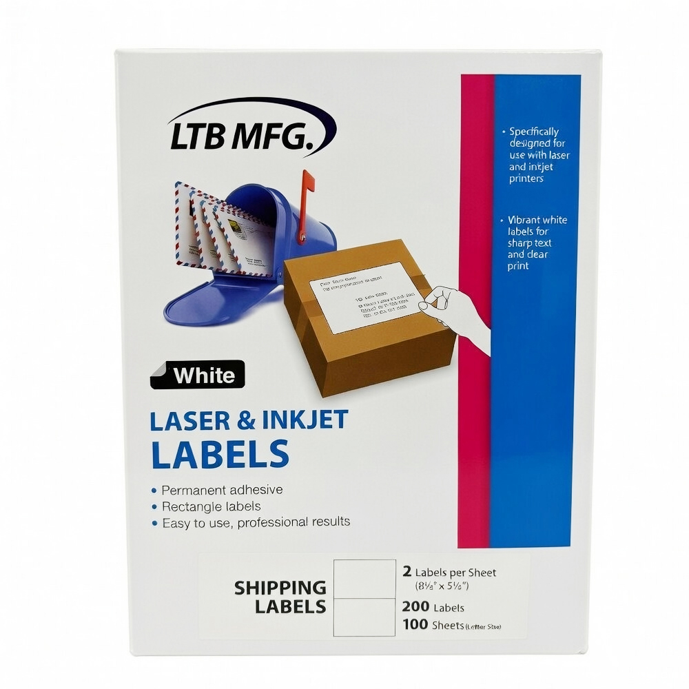 002-100 Laser & Inkjet Labels  2 Labels 8.5"x5.5" per sheet/100 Sheets 10/cs