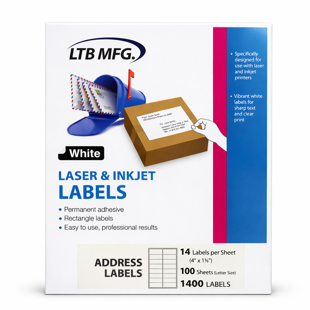 014-100 Laser & Inkjet Labels 14 Labels 4"x1 1/3" per sheet/100 Sheets