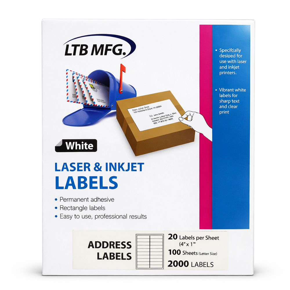 020-100 Laser & Inkjet Labels  20 Labels 4"x1" persheet/100 Sheets