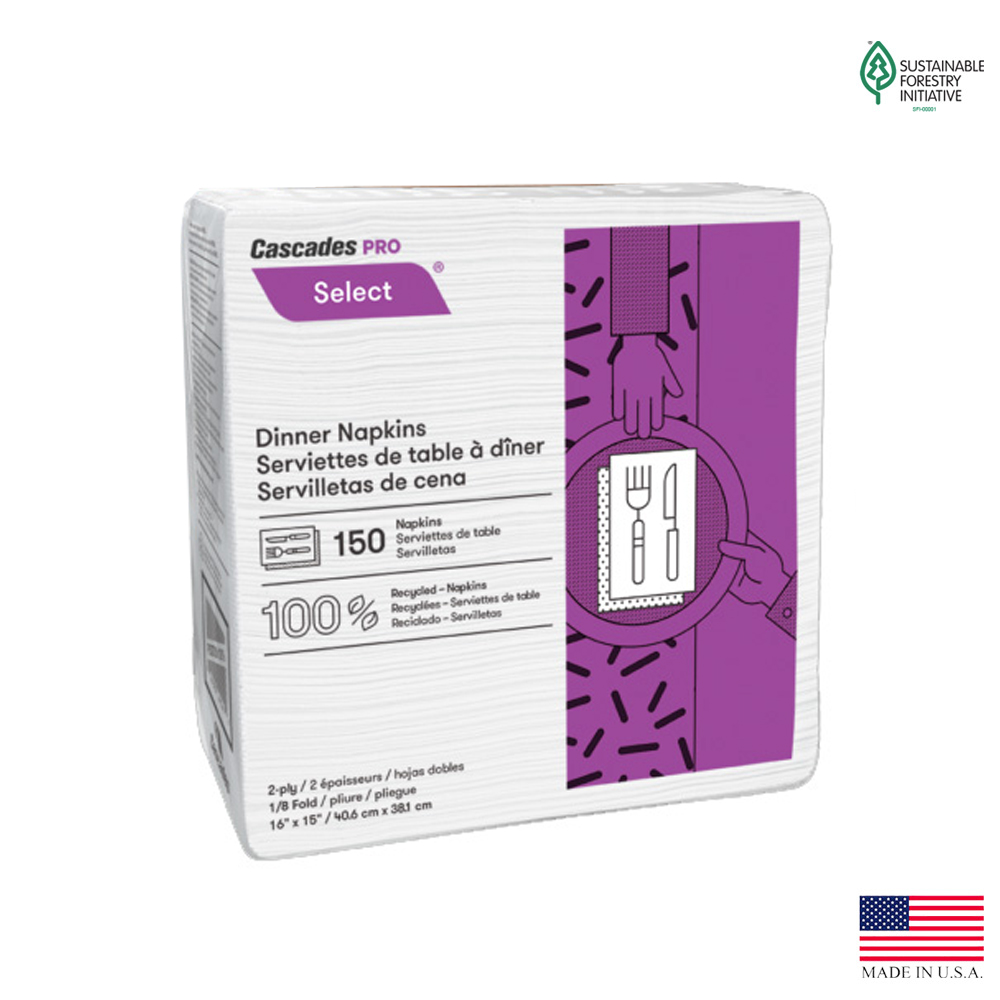 N062 White Pro Select Dinner Napkin 2 ply Recycled Paper 1/8 Fold 20/150 cs