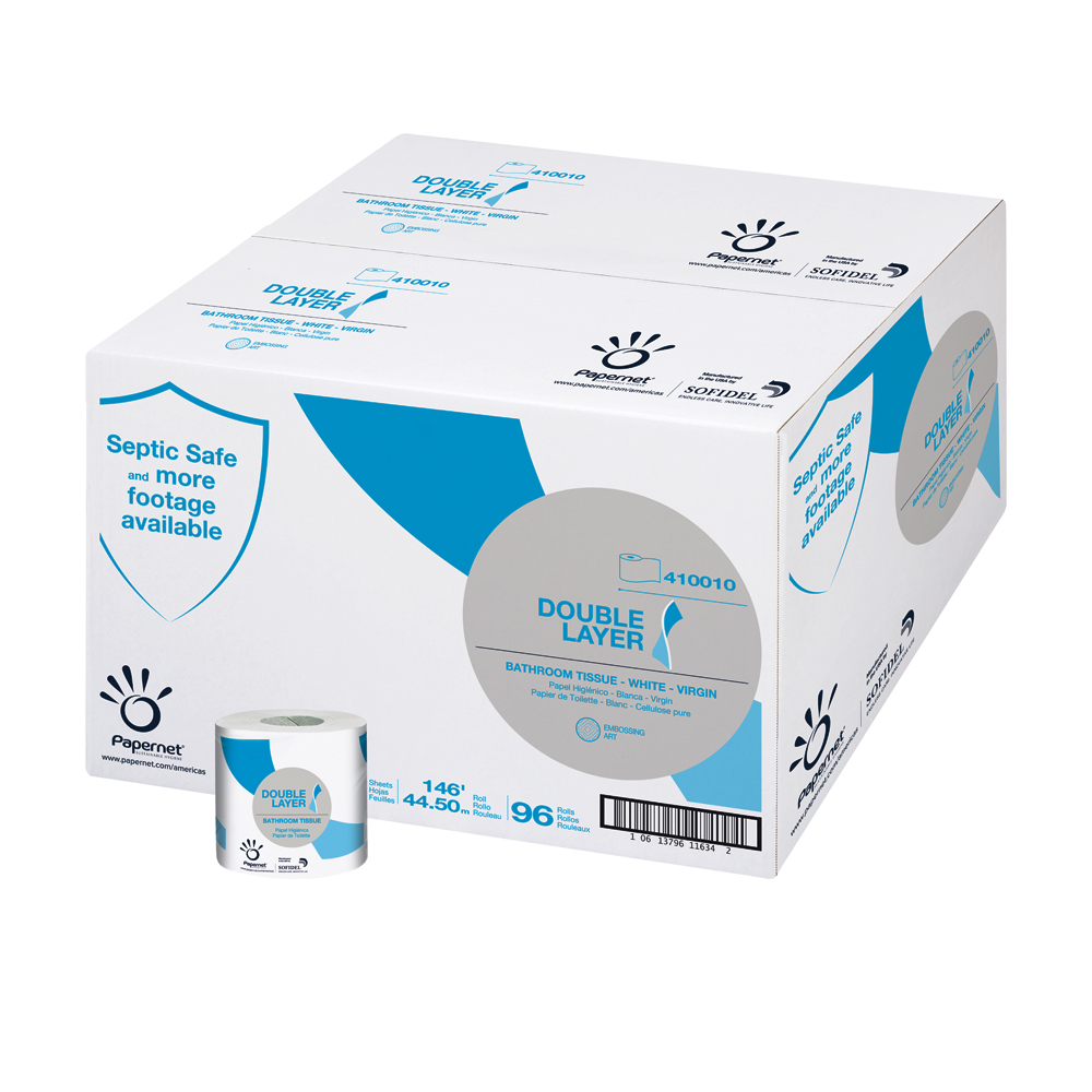 410010 White 4.33"x146' Virgin Pulp Double Layer  Single Bathroom Tissue 96/cs