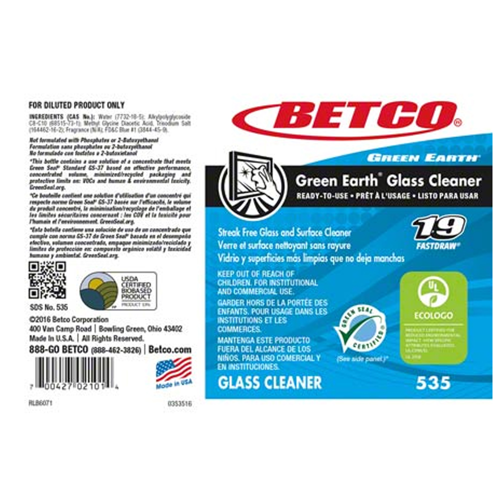 5359090 Green Earth Glass Cleaner Label ONLY 1 ea.