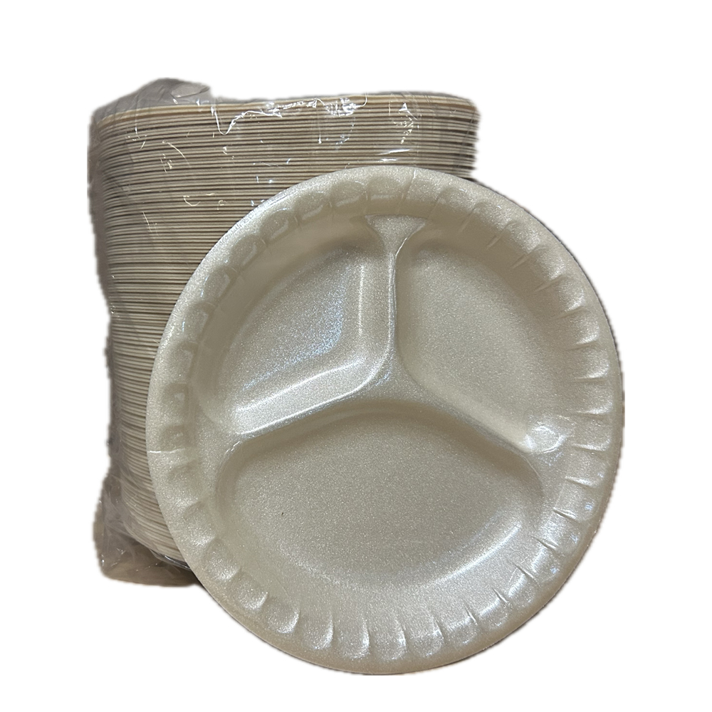 0TK5001100 Vanilla 9" Laminated 3 Compartment Foam Plate 500/cs