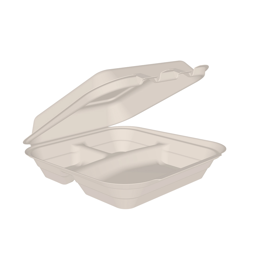 HC8SC3PF White 8"x8"x2.6" PFAS Free Bagasse 3     Compartment Hinged Container 6/50 cs