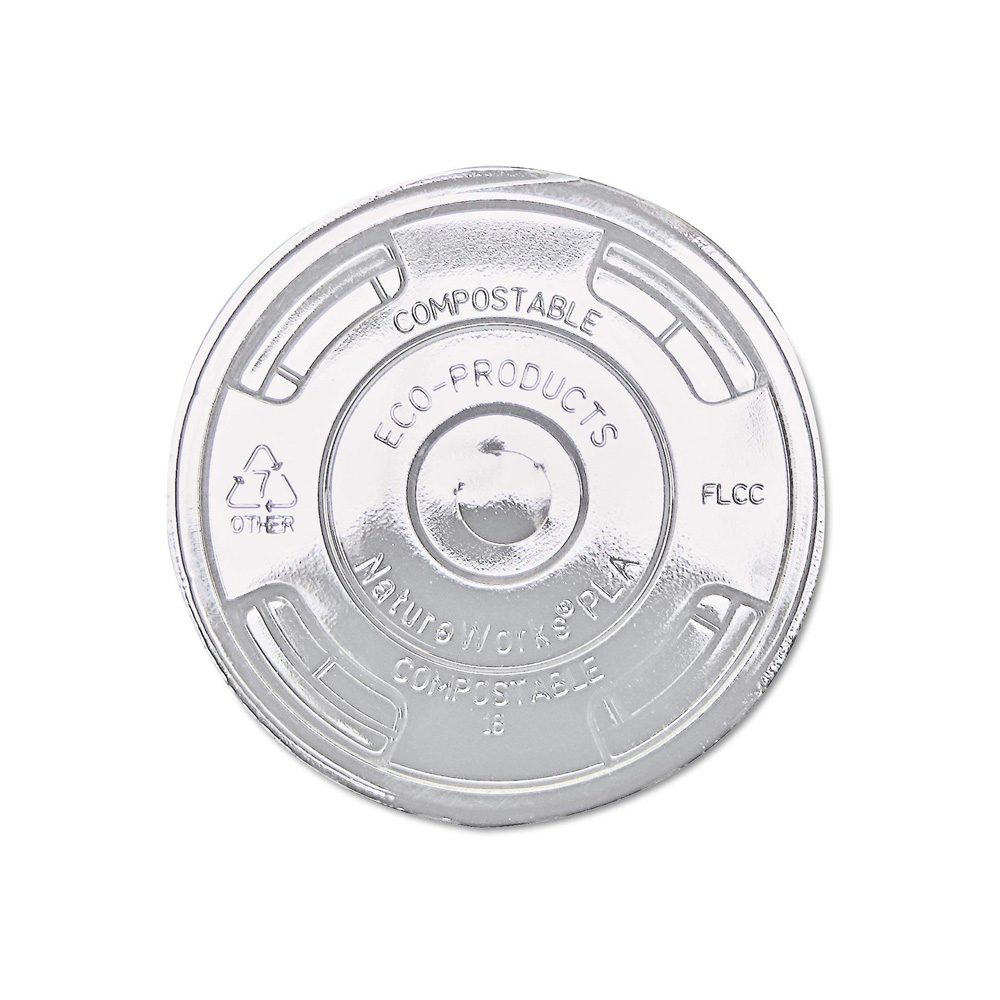 EP-FLCC Green Stripe Clear Compostable Flat Lid for 9-24 oz. Cold Cup 10/100 cs