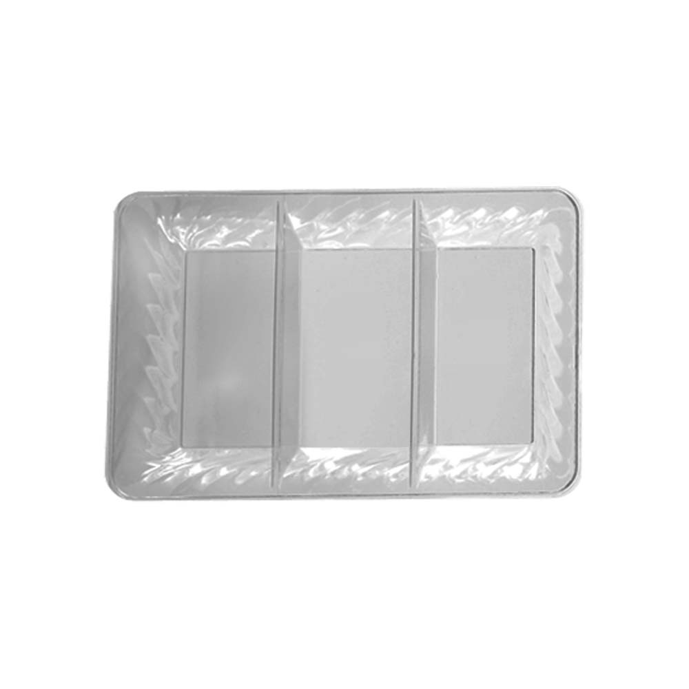1264 Clear 10"x14" 3 Compartment Plastic Scalloped Edge Tray 25/cs