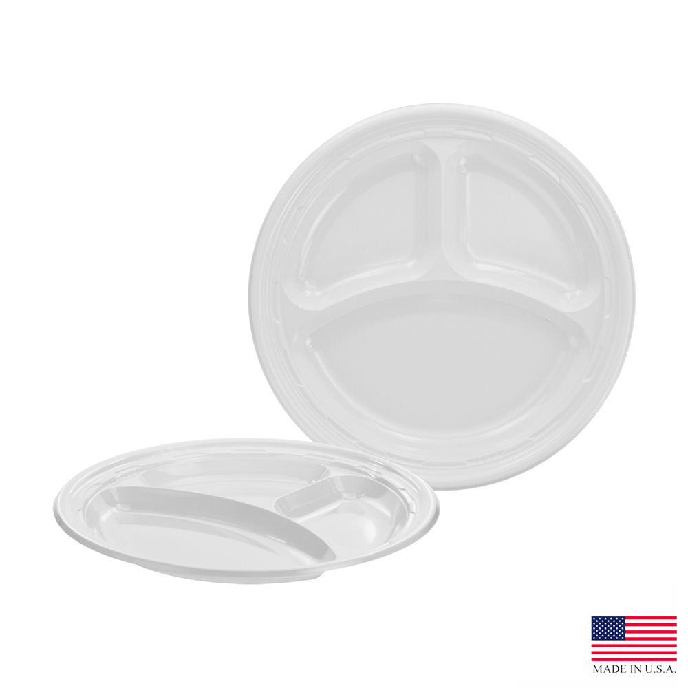 9CPWF White 9" 3 Compartment Impact Polystyrene   Plate 4/125 cs