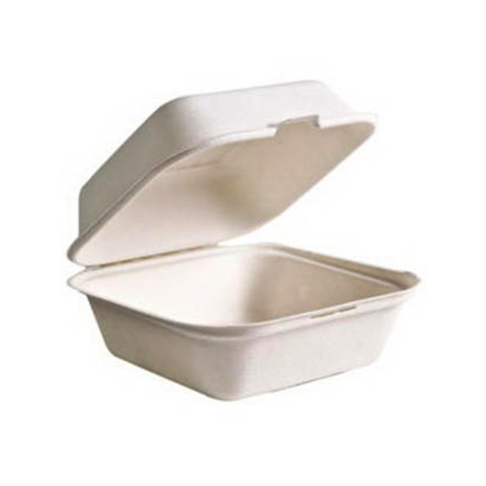 TW-BOO-004 Evolution White 6"x6"x3" Square Bagasse Microwavable Hinged Container 4/100 cs