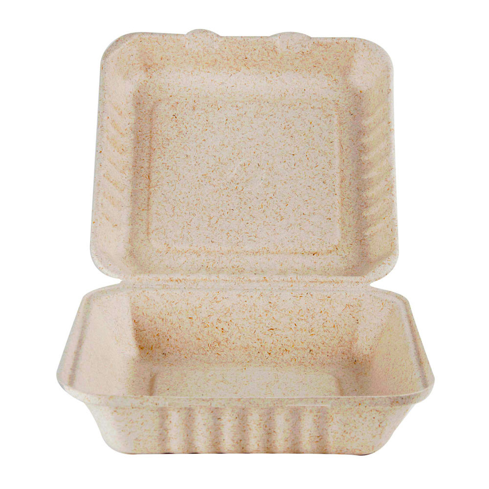 OV-B00-099 Ovation Beige 9"x9"x3" Square Bagasse Hinged Container 4/75 cs - OV-B0O-099 9X9X3 BEIGE BGS BOX