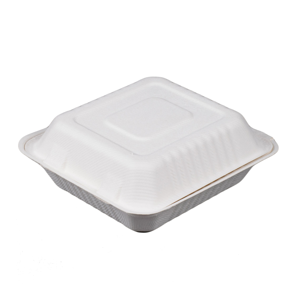 TW-BOO-010 Evolution White 8"x8"x3" Square Bagasse Hinged Container 4/75 cs
