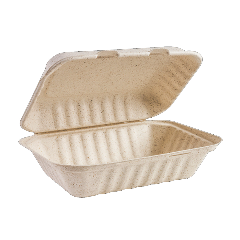 OV-B096 Ovation Beige 9"x6"x3" Rectangular Bagasse Hinged Container 4/75 cs - OV-BO96 9X6X3 BEIGE BGSE BOX