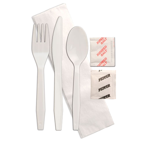 414023 Wrapped Fork, Knife, Spoon, Napkin, Salt & Pepper Packet Meal Kit White Polystyrene 250/