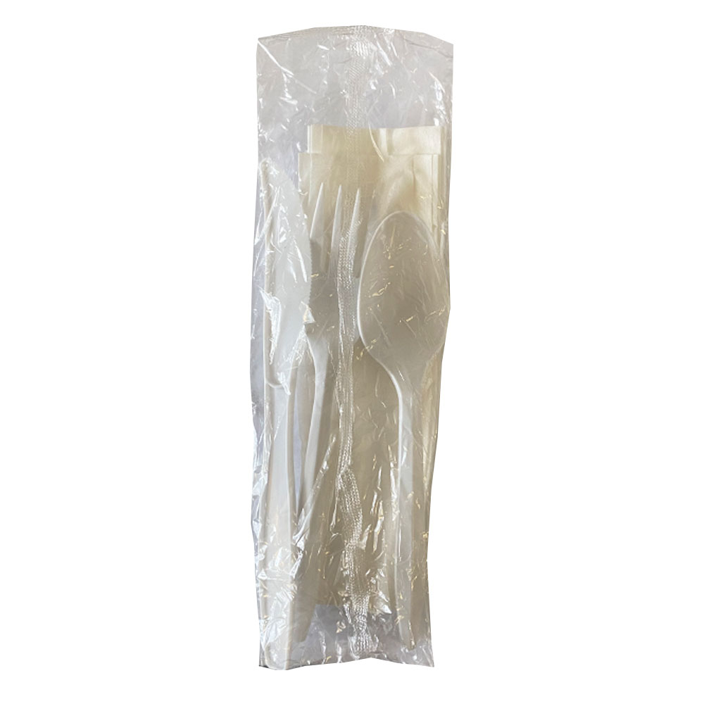 FKFSKWNCH Evergreen Wrapped Fork, Knife, Teaspoon, Napkin Meal Kit White Medium Weight Plastic