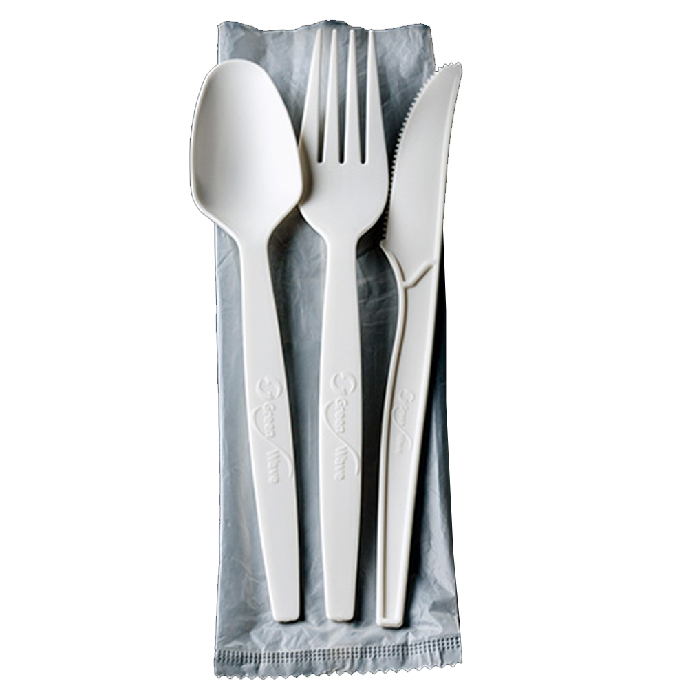 FKS-FS-W Epoch Wrapped Fork, Knife, Spoon Meal Kit White Compostable 500/cs