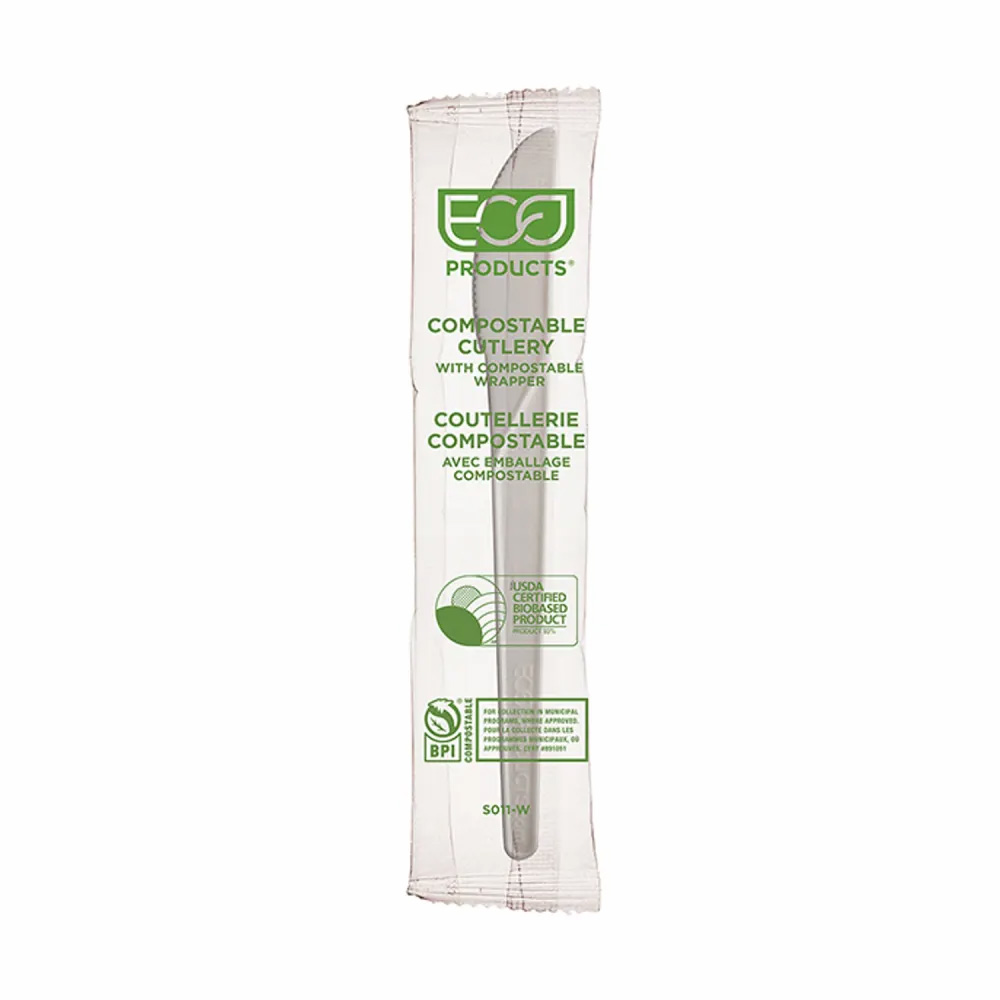 EP-S011-W Plantware Wrapped 6" Knife White High Heat Compostable 1000/cs
