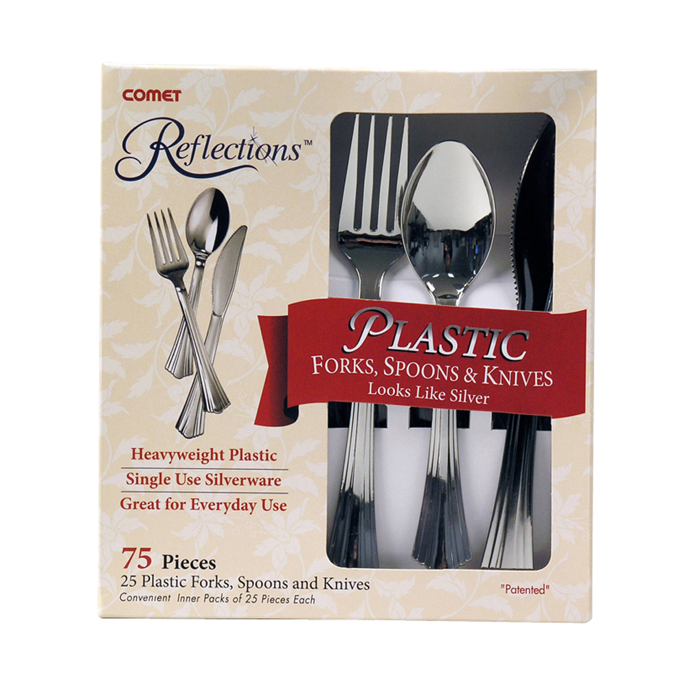 612375 Reflections Boxed Assorted Fork,Knife,Teaspoon,Combo Silver Heavy Weight Plastic  6/75 c
